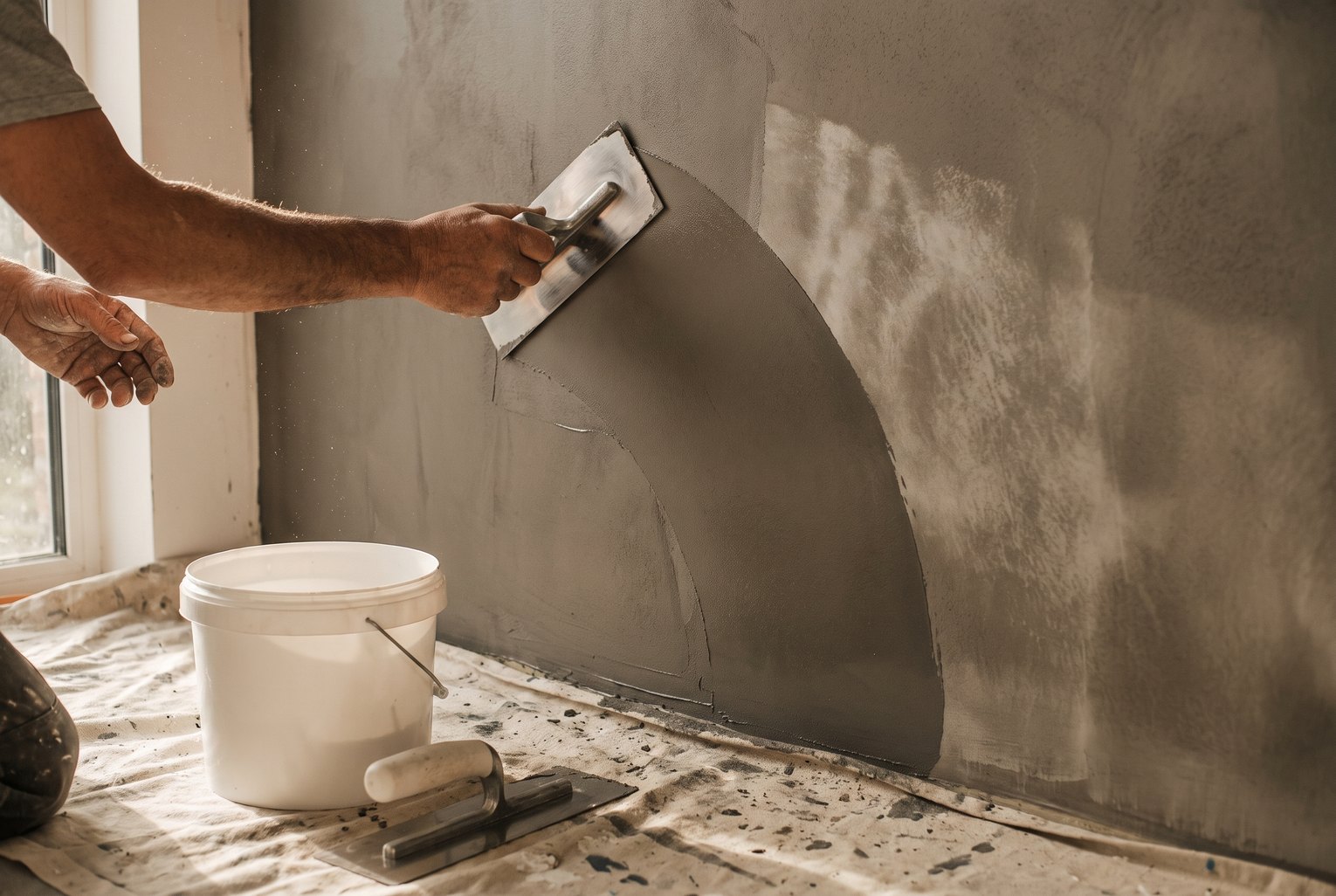 Applicateur lissant à la taloche inox une couche de micro-ciment sur un mur, seau et outils posés sur la bâche