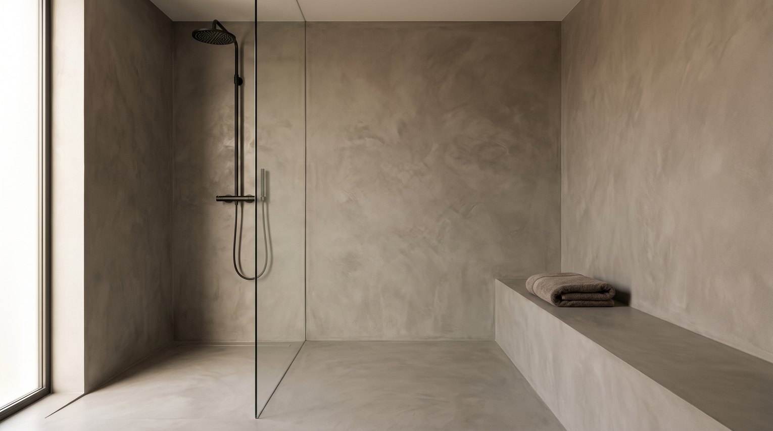 Salle de bain entièrement revêtue de micro-ciment gris clair : murs, sol, banquette et douche à l'italienne, sans aucun joint visible