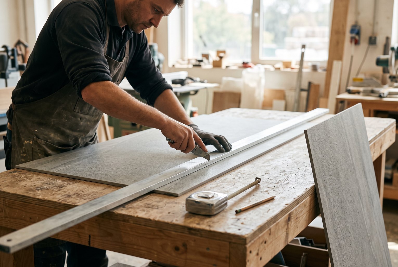 Artisan coupant une feuille de pierre au cutter le long d'une règle métallique, sur un établi d'atelier