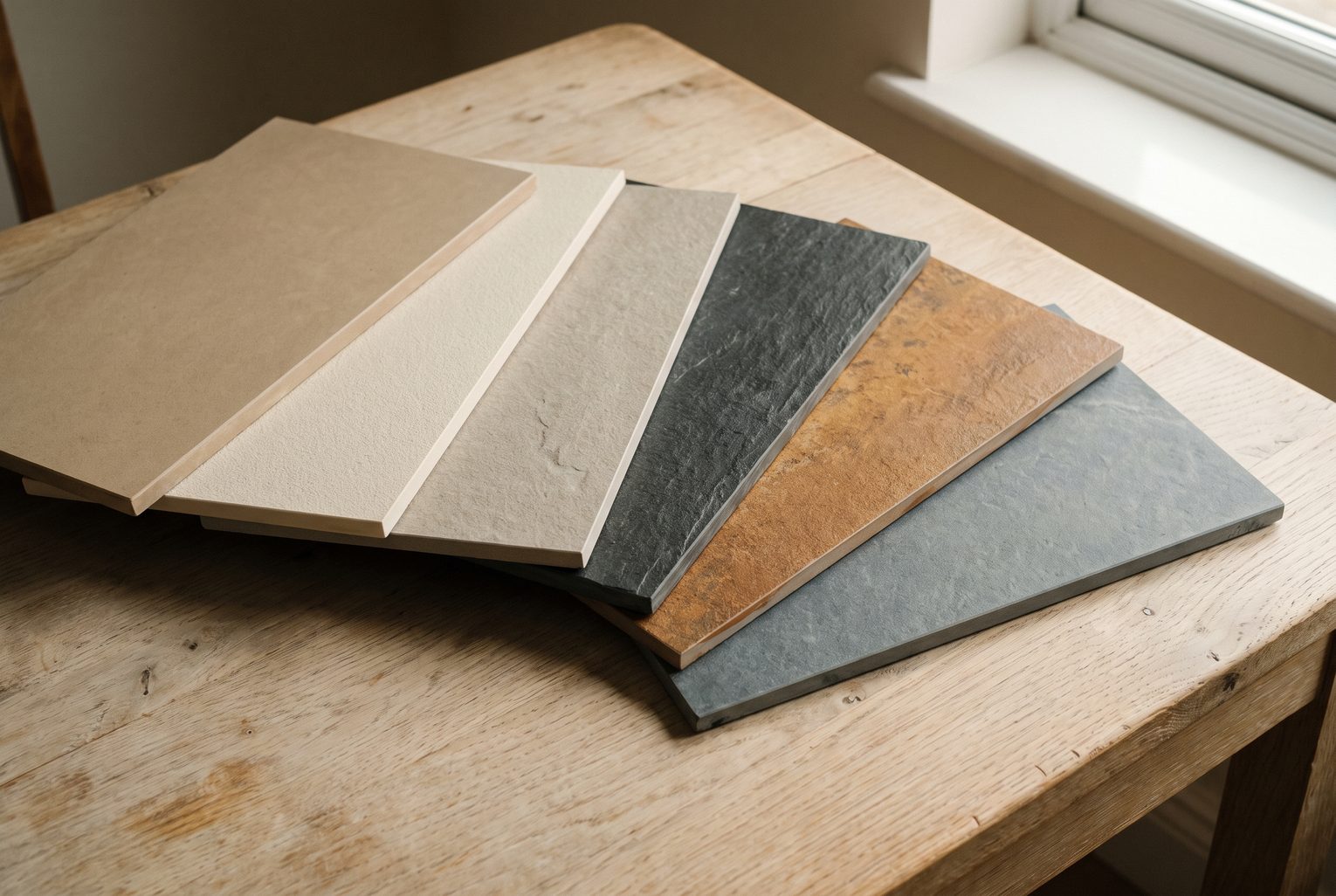 Six échantillons de feuille de pierre étalés en éventail sur une table en bois, du beige clair à l'ardoise sombre, reliefs et teintes différents
