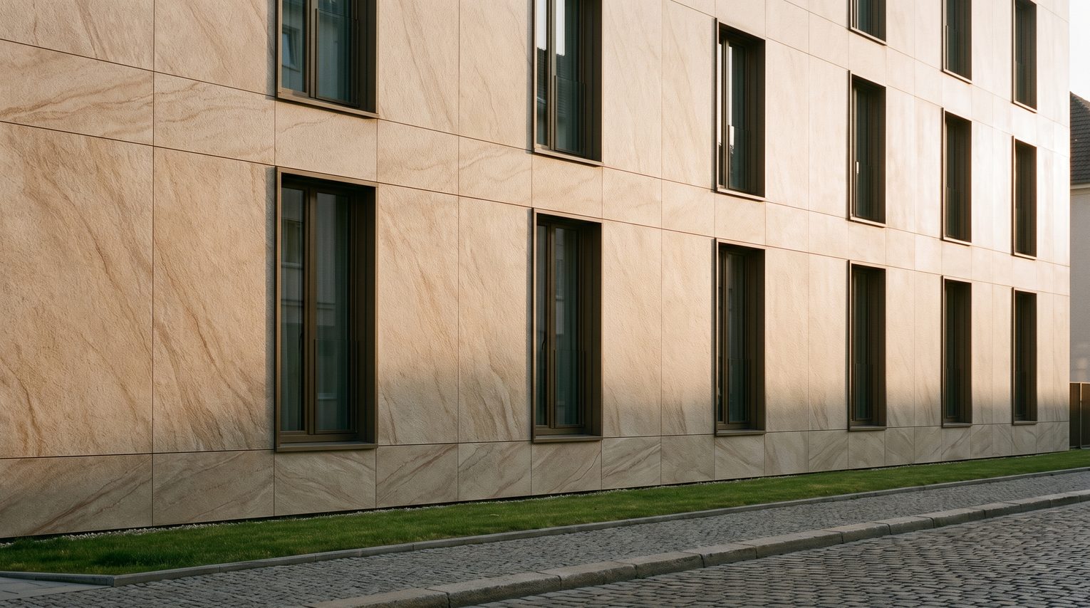 Façade d'immeuble de trois niveaux habillée de grands panneaux de feuille de pierre beige, en lumière rasante de fin de journée