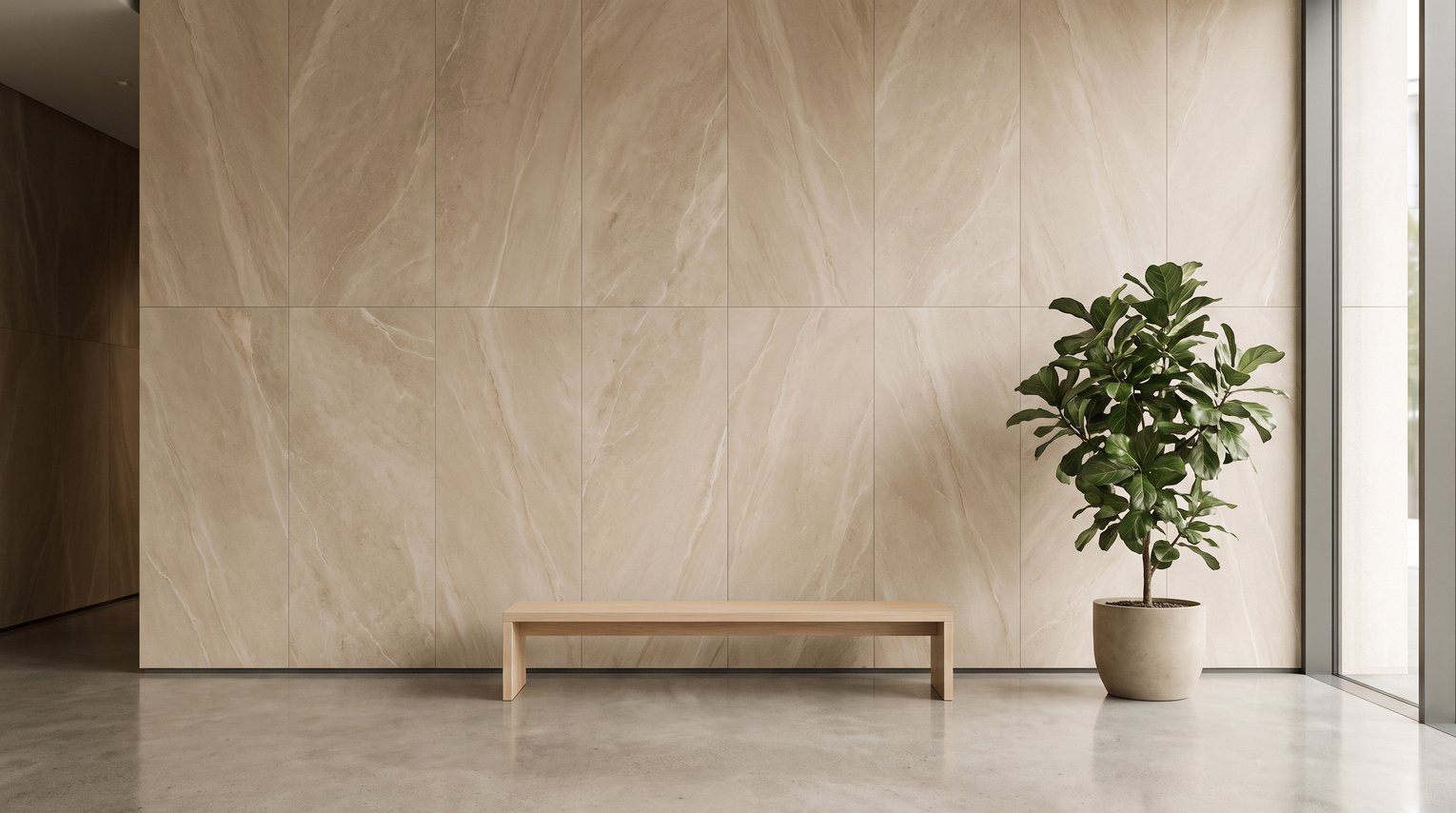 Hall d'immeuble dont le mur est habillé de grands panneaux beiges veinés en feuille de pierre MCM, avec un banc en bois clair