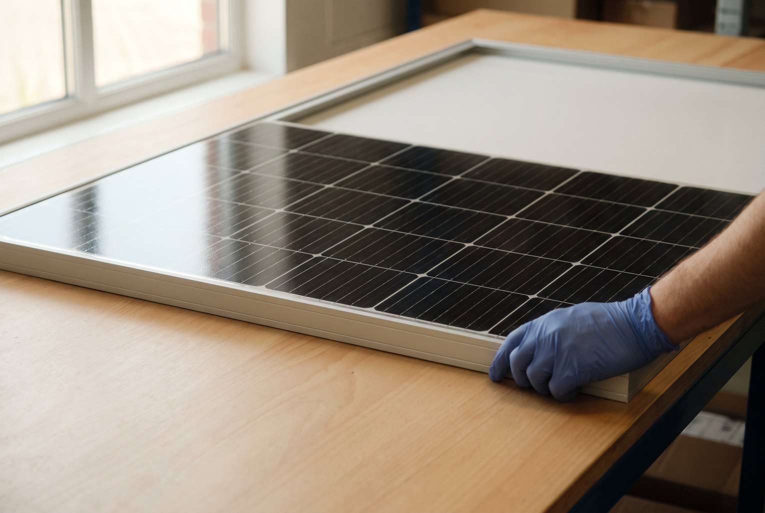 Module photovoltaïque monocristallin à cadre aluminium, manipulé avec des gants sur un établi