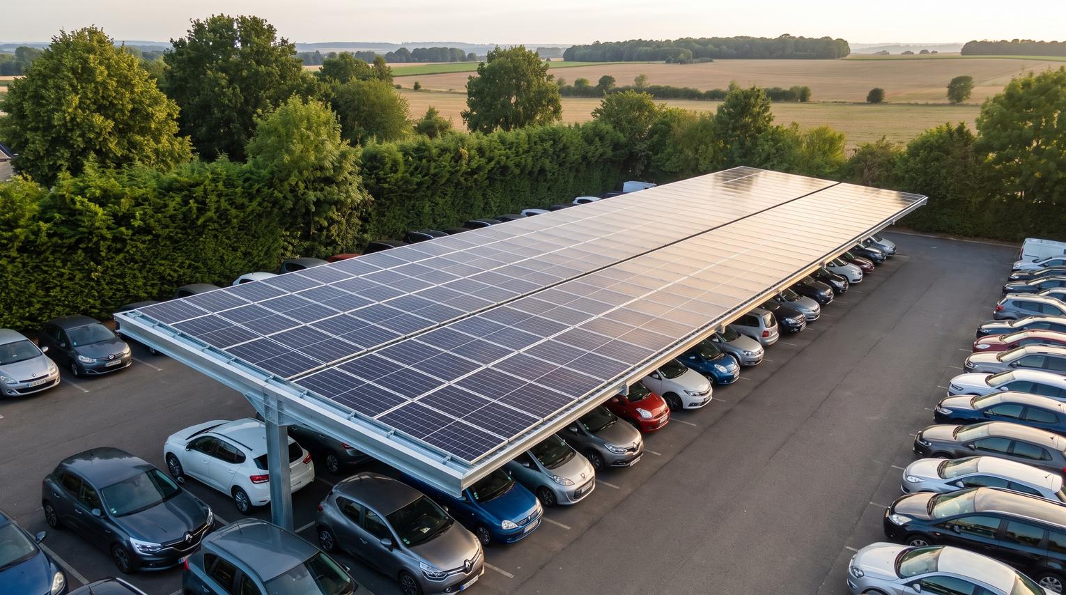 Vue en plongée d'une ombrière photovoltaïque neuve en acier galvanisé au-dessus d'une rangée de places, modules bleu sombre en lumière de fin de journée, champs à l'horizon