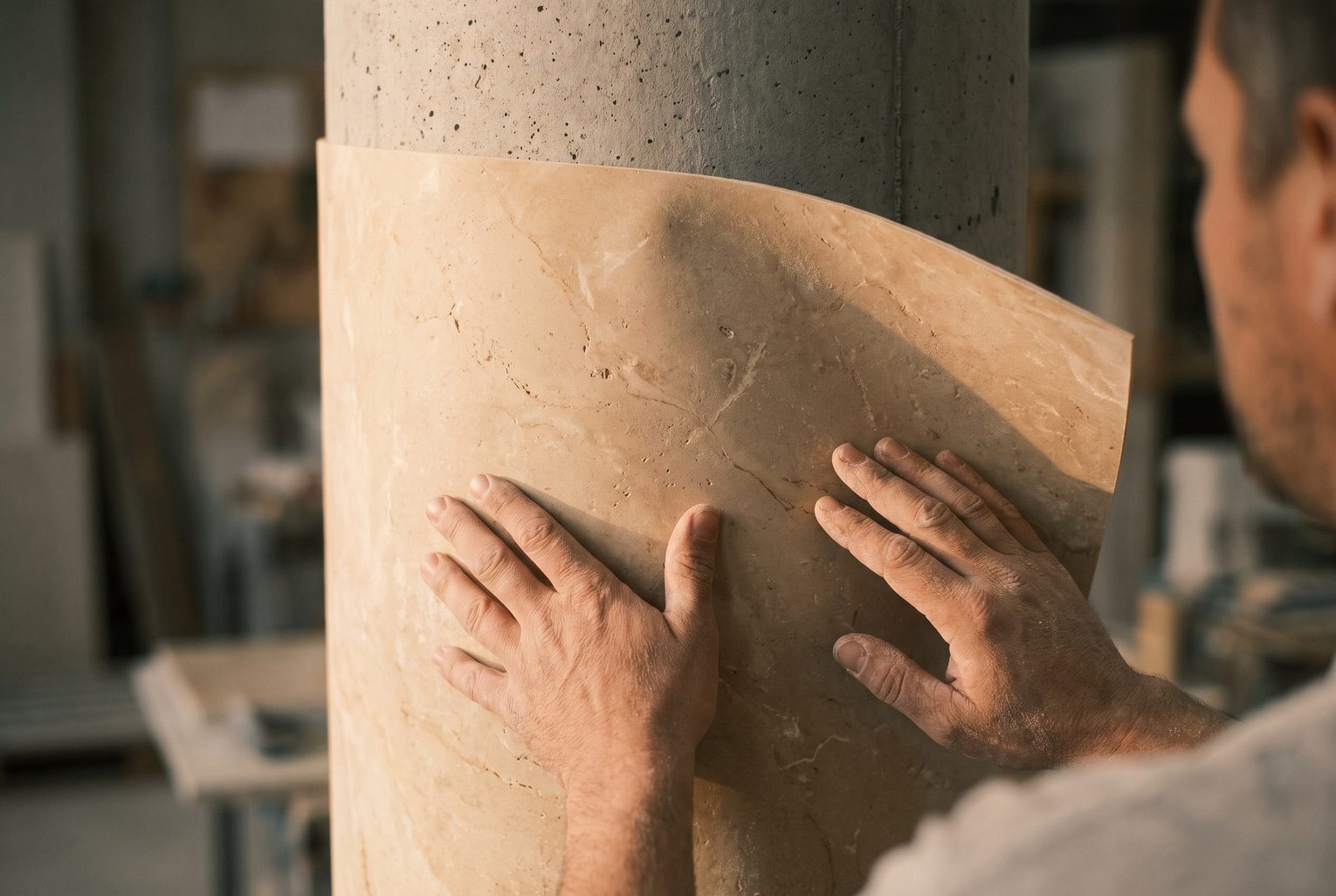 Mains nues épousant une feuille de pierre flexible cintrée autour d'un poteau béton rond, sans fissuration