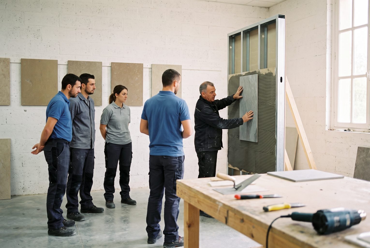 Session de formation à la pose : un formateur applique une feuille de pierre sur un mur d'exercice devant cinq artisans