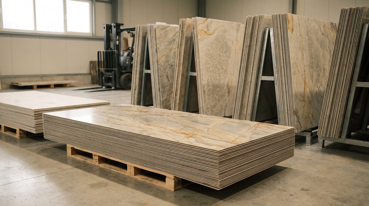 Feuilles de pierre de grand format empilées à plat sur palettes et rangées sur racks dans l'entrepôt MATERIO de Tourcoing